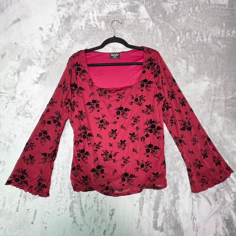 Jolie & Joy Red Black Floral Mesh Bell Sleeve Square Neck Top 1X X4Q1735C